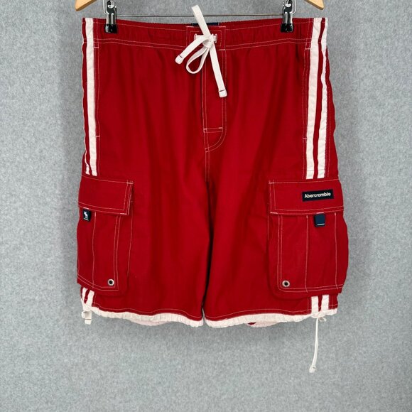 Abercrombie Fitch VTG Tugger Swim Trunks Shorts Size L Red White Baggy Cargo Y2K - Picture 1 of 14